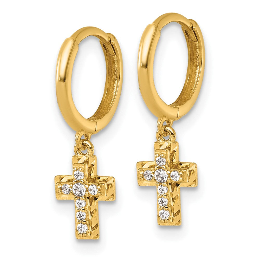 14k Polish D/C & CZ Dangle Cross Hinged Round Hoop Earrings